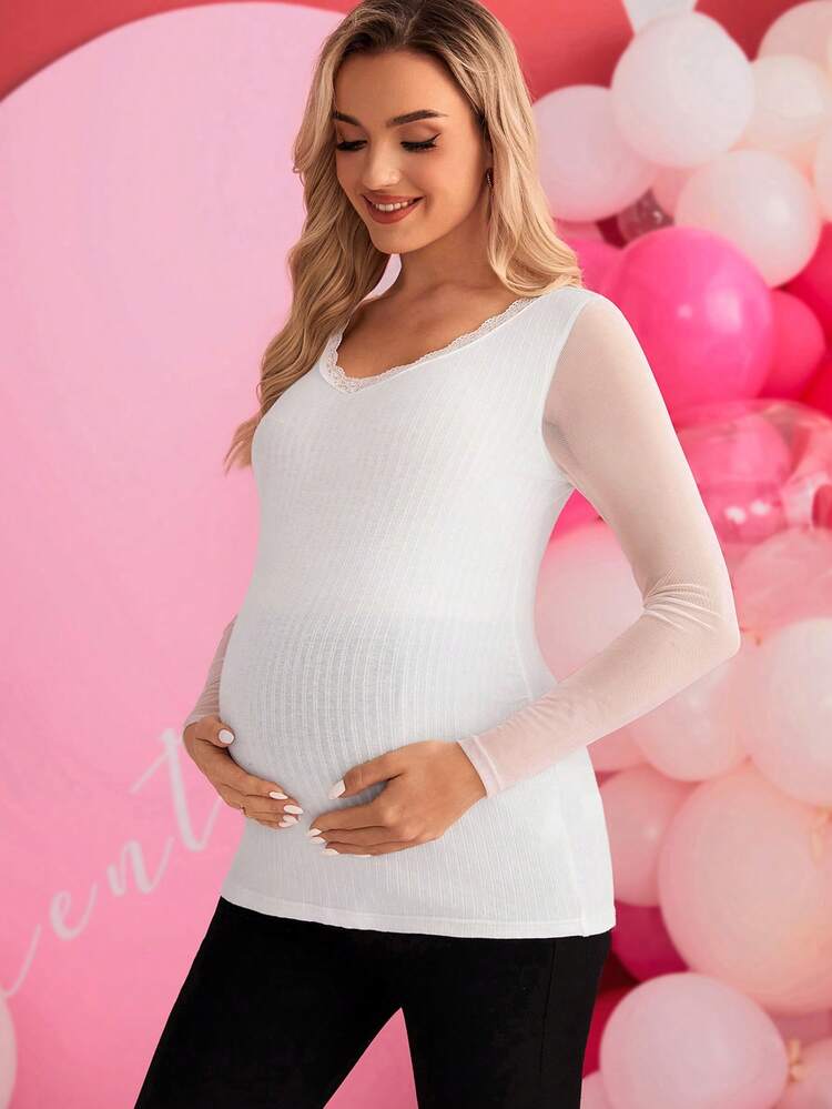 Maternity Lace Trim V-Neck Mesh Long Sleeve T-Shirt