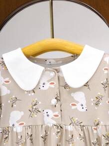 嬰兒女孩可愛兔子和植物和花印花連體衣,帶鈕扣對比領口,彈性長籠罩袖,適合四季穿著 - 卡其色 - 查看 4