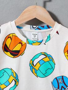 Young Boy 2pcs/Set Cute Casual Street Style Cartoon Print Loose-Fit Comfortable Drop Shoulder T-Shirt And Shorts Spring/Summer Outfits Suitable , Home Wearing, School - Apricot - View 3