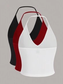 SHEIN EZwear Summer  Outfits 3pcs Solid Color Ribbed Knit Halter Top - Red and White - View 2