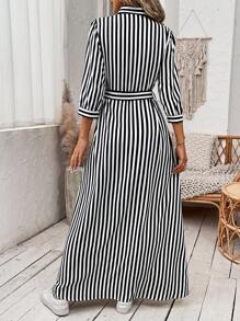 Breezaya Vestido camisero de rayas con cinturón para mujer de largo maxi - Negro - Ver 2