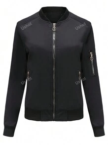 Women'S Solid Color Bomber Jacket With Pockets, Long Sleeve Zipper Jacket Casual Lightweight Autumn And Winter Clothing