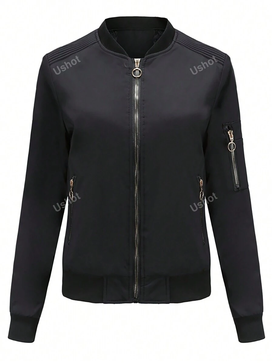 Women'S Solid Color Bomber Jacket With Pockets, Long Sleeve Zipper Jacket Casual Lightweight Autumn And Winter Clothing