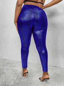 SHEIN ICON Plus Size Women's Crocodile Textured Leggings - Blue - View 2