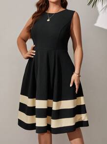 EMERY ROSE 大码女式夏季拼色条纹优雅无袖连衣裙，适合春季 - 黑色 - 查看 5