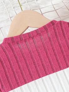 SHEIN Young Girl Soft Round Neck Long Sleeve Ribbed Sweater Dress With Patchwork Design And Beanie Hat For Autumn - Hot Pink - View 5