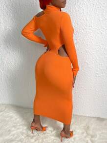 Slaydiva Vestido De Punto Con Cuello Alto Y Tejido Hueco De Un Solo Color - Naranja - Ver 3