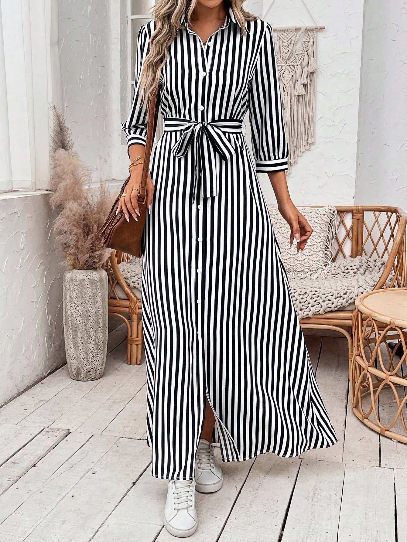 Breezaya فستان قميص ماكسي مزين بأحزمة للسيدات