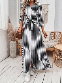 Breezaya Vestido camisero de rayas con cinturón para mujer de largo maxi - Negro - Ver 7