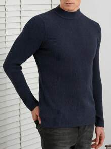 SHEIN Cottnline Men Solid Ribbed Knit Sweater - Navy Blue - View 4
