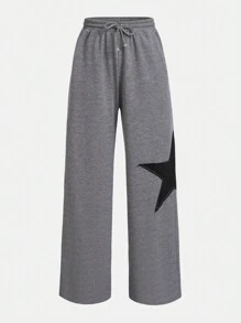 SHEIN Juego De Dos Piezas Para Adolescentes, Polera Tejida Con Estampado De Letra Y Pantalones Largos Con Estampado De Estrellas