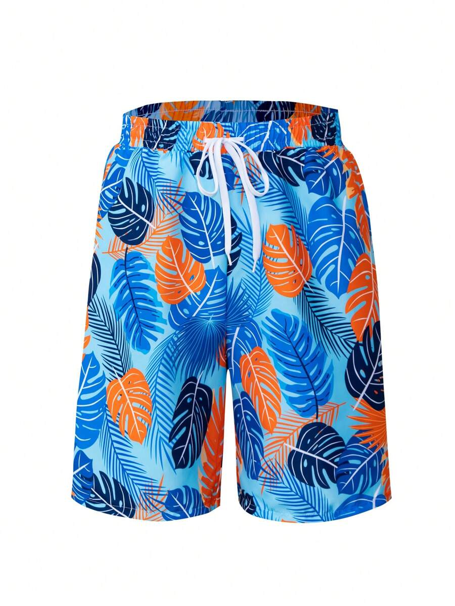 Manfinity Swimmode Men's Tropical Print Drawstring Waist Beach Shorts - Multicolor - View 1