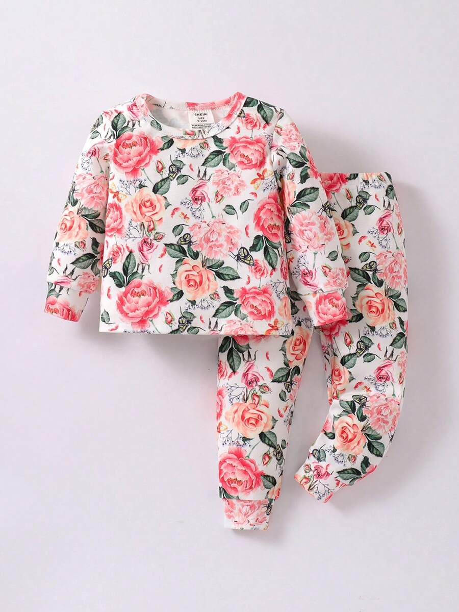 嬰兒女孩合身花卉印花睡衣套裝,2件裝