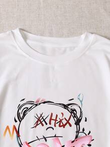 SHEIN EZwear Của phụ nữ Hoạt hình Lá thư In Áo thun - trắng - Xem 5