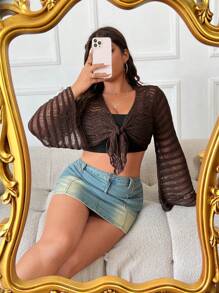 Flirla 大尺碼女士中空針織開衫,前綁帶設計