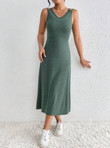 SHEIN LUNE 女款純色鏤空連身裙 - 軍綠色 - 查看 1