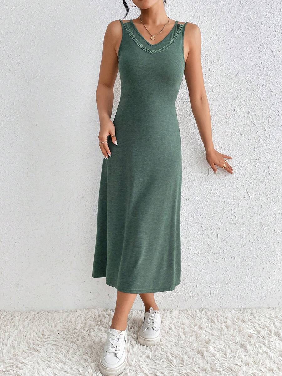 SHEIN LUNE 女款純色鏤空連身裙 - 軍綠色 - 查看 1