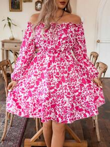 Breezaya 大尺碼女士露肩印花連身裙 - 玫紅色 - 查看 3