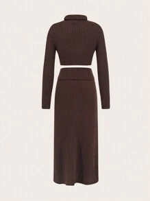 SHEIN Unity Women's Solid Color Ribbed T-Shirt And Skirt Set - Brown - View 2