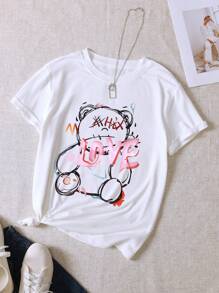 SHEIN EZwear Của phụ nữ Hoạt hình Lá thư In Áo thun - trắng - Xem 3