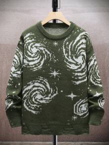 Men's Round Neck Long Sleeve Sweater - Army Green - View 1