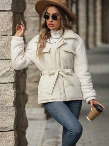 SHEIN LUNE 女式拼布面料翻领拉链细节加厚棉服外套冬季 - 米色 - 查看 6