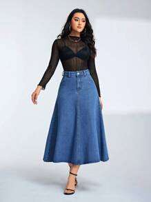 EMERY ROSE 女士長款喇叭牛仔裙 - 中等水洗藍 - 查看 6