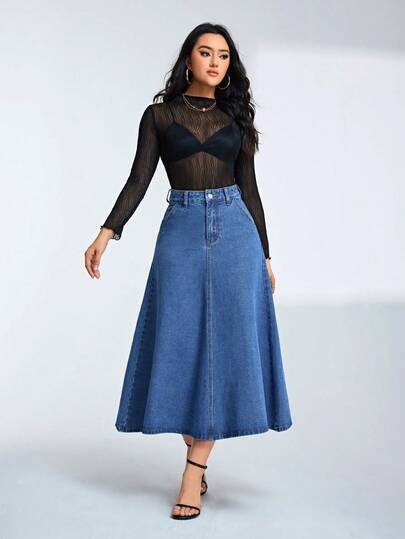 EMERY ROSE Rok Denim Biru Muda Kasual Pinggang Tinggi Saku untuk Wanita Ukuran Plus, Cocok untuk Bisnis, Santai, Kencan, Musim Gugur