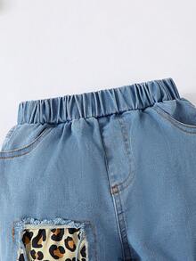 幼兒女孩休閒舒適豹紋字母圖案運動衫配拼布仿舊牛仔褲 - 彩色 - 查看 6