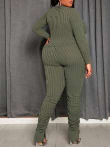 Slaydiva Plus Size Solid Color Long Sleeve Tight-Fitting Casual Two-Piece Set - Army Green - View 4