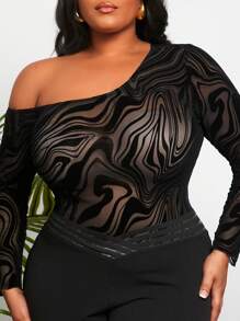 Slaydiva Plus Size Asymmetrical Collar Plush Mesh T-Shirt - Black - View 2