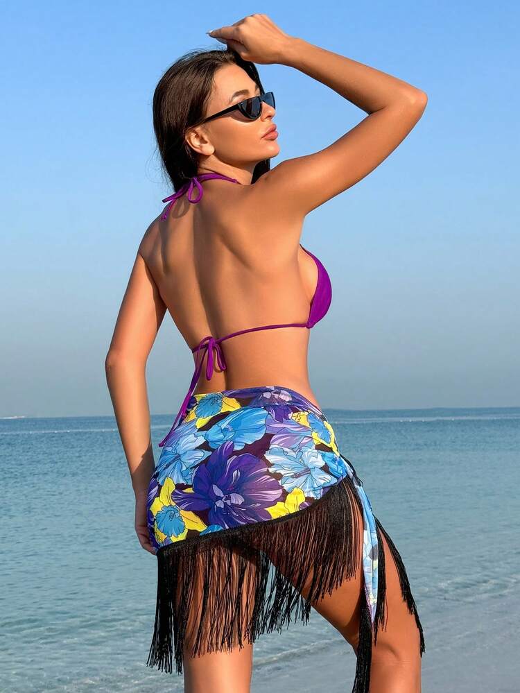 Women's Halter Neck Bikini Set With Floral Print Fringed Cover-Up Skirt Music Festival Summer Beach