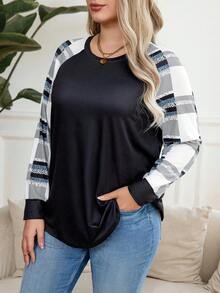 SHEIN LUNE 大尺碼女士方格紋綁帶袖t恤 - 黑色 - 查看 6