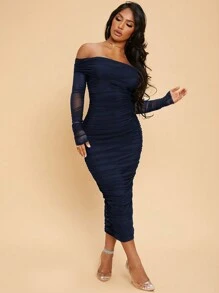 SHEIN SXY 女式露肩长袖褶皱修身连衣裙，女士优雅褶皱长袖露肩修身长款海军蓝常规袖纯色紧身女式长裙，春季/秋季，派对/夜总会服装 - 藏蓝色 - 查看 3