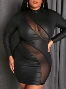 Slaydiva Plus Size Stand Collar Mesh Insert Pu Leather Dress - Black - View 2
