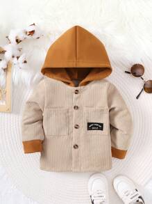 Infant Boys' Color Blocking Detail Hooded Coat With Patch - Khaki - View 1