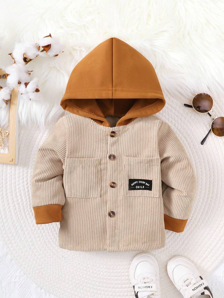 Infant Boys' Color Blocking Detail Hooded Coat With Patch - Khaki - View 1