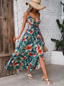 SHEIN VCAY Women'S Floral Print Wrap Belted Spaghetti Strap Dress - Multicolor - View 4
