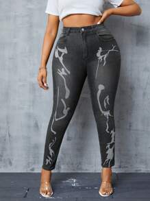 SHEIN SXY Kích thước lớn Của phụ nữ In Thon gọn Quần jean - màu đen - Xem 1