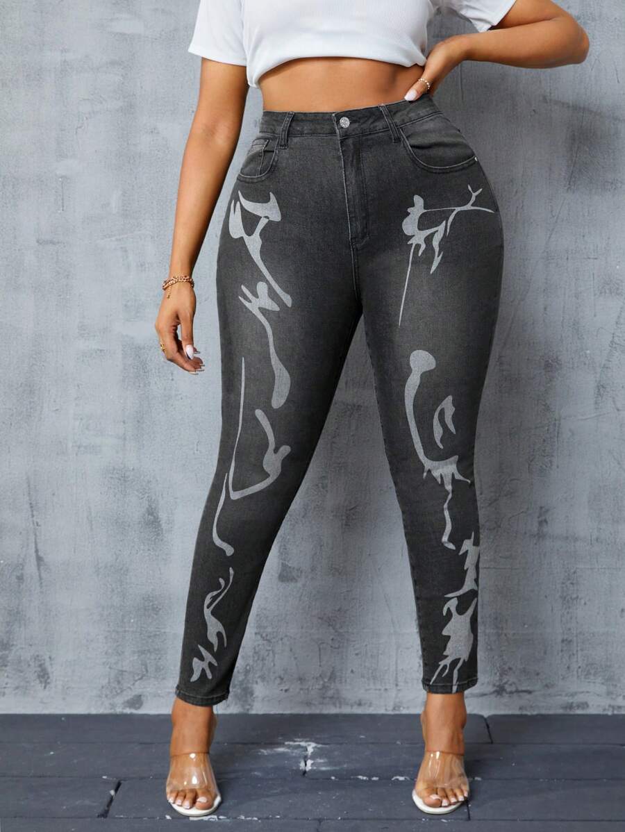 SHEIN SXY Kích thước lớn Của phụ nữ In Thon gọn Quần jean - màu đen - Xem 1