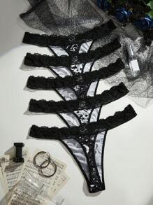 5pcs/Pack Plus Size Lace Patchwork Panties - Black and White - View 2