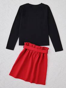 SHEIN 女孩愛心印花圓領上衣搭配純色裙子,休閒2件套裝 - 紅色 - 查看 2