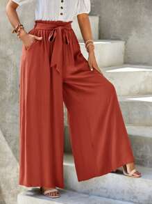 SHEIN LUNE 女士高腰打結寬腿褲 - 鏽棕色 - 查看 1