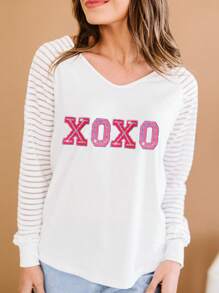 Sequin XOXO Graphic Raglan Sleeve Tee - Multicolor - View 1