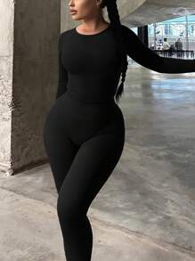 女士休闲纯色长袖上衣和裤子两件套，春秋