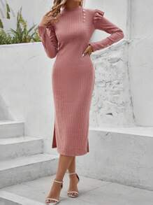 SHEIN Clasi Của phụ nữ Màu thuần Sọc Tay áo dài Đầm Với Xù Hoa Sen - Bụi hồng - Xem 3