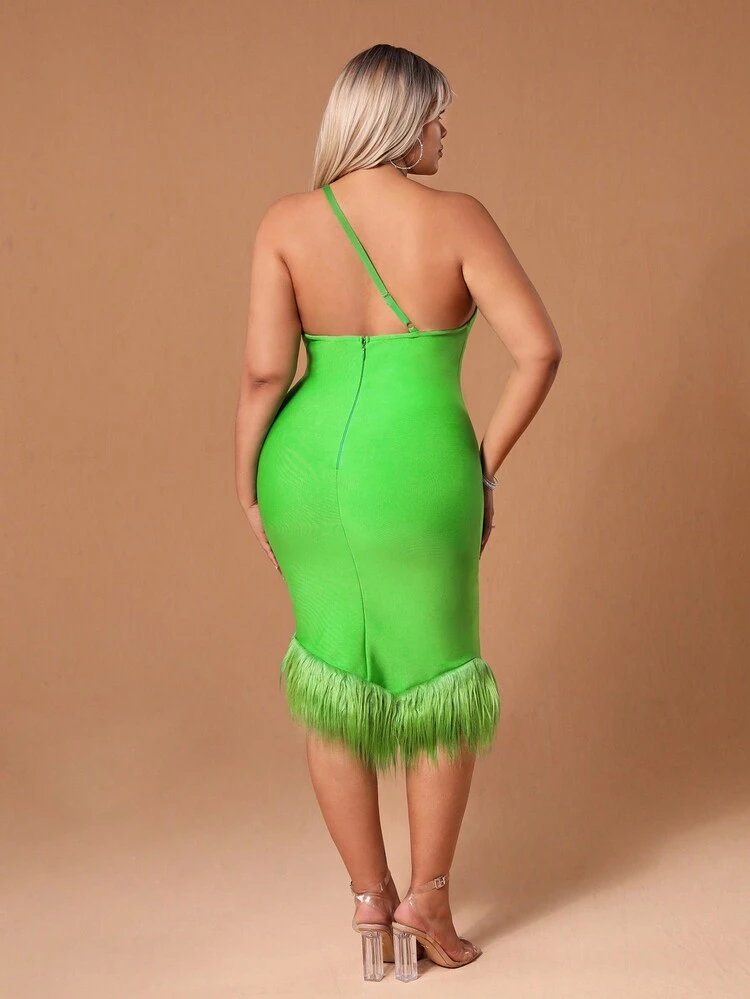 New Years Plus Size One Shoulder Elegant Bandage Prom Dress With Furry Trim