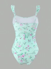 SHEIN Swim 随机碎花深 V 连体泳衣 夏季 - 綠色 - 查看 2
