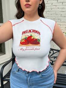 SHEIN EZwear 大尺碼女士草莓圖案蕾絲邊背心，適用於夏季 - 白色 - 查看 4