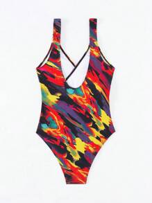 SHEIN Swim Ladies' Allover Print Tie One-Piece Swimsuit Carnival Summer